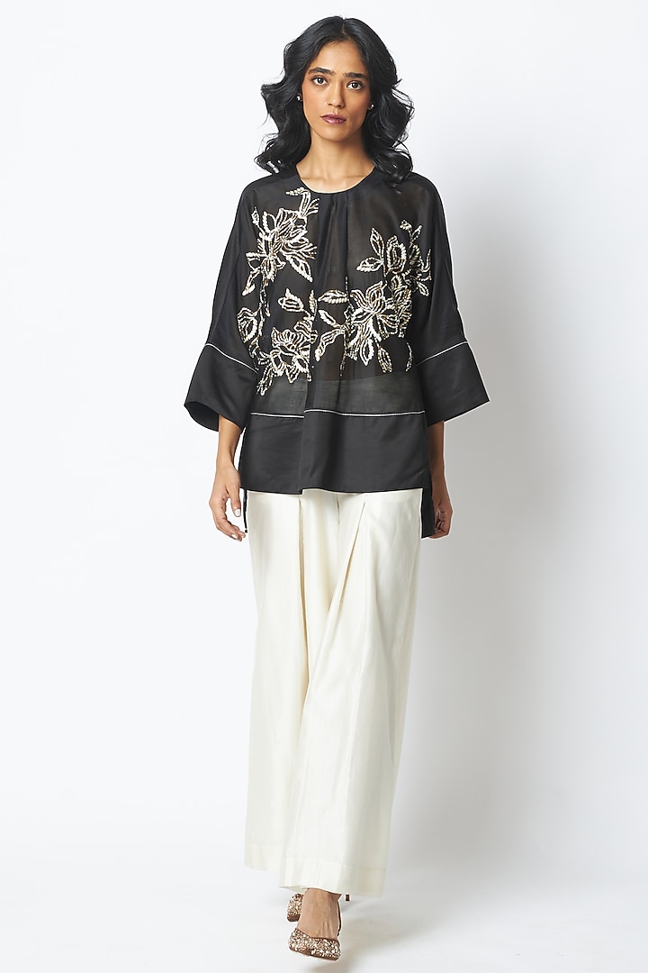 Black & White Handloom Chanderi Silk Embroidered Co-Ord Set by MADDER MUCH at Pernia's Pop Up Shop