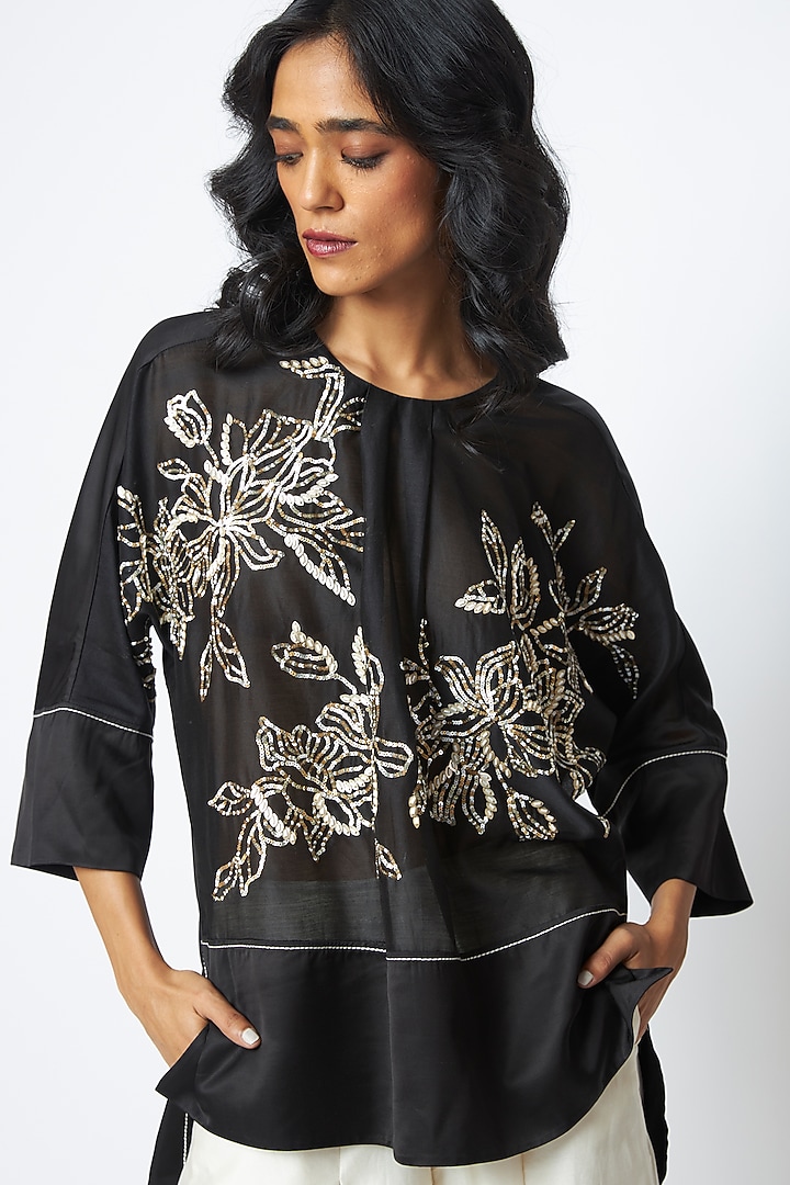 Black & White Handloom Chanderi Silk Embroidered Co-Ord Set by MADDER MUCH at Pernia's Pop Up Shop