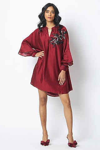 Burgundy Handloom Chanderi Silk Embroidered Dress by MADDER MUCH
