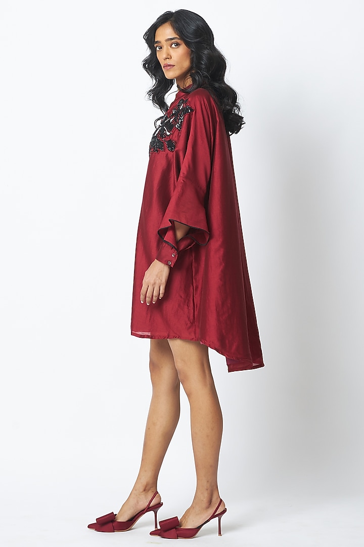 Burgundy Handloom Chanderi Silk Embroidered Vacation Dress by MADDER MUCH at Pernia's Pop Up Shop