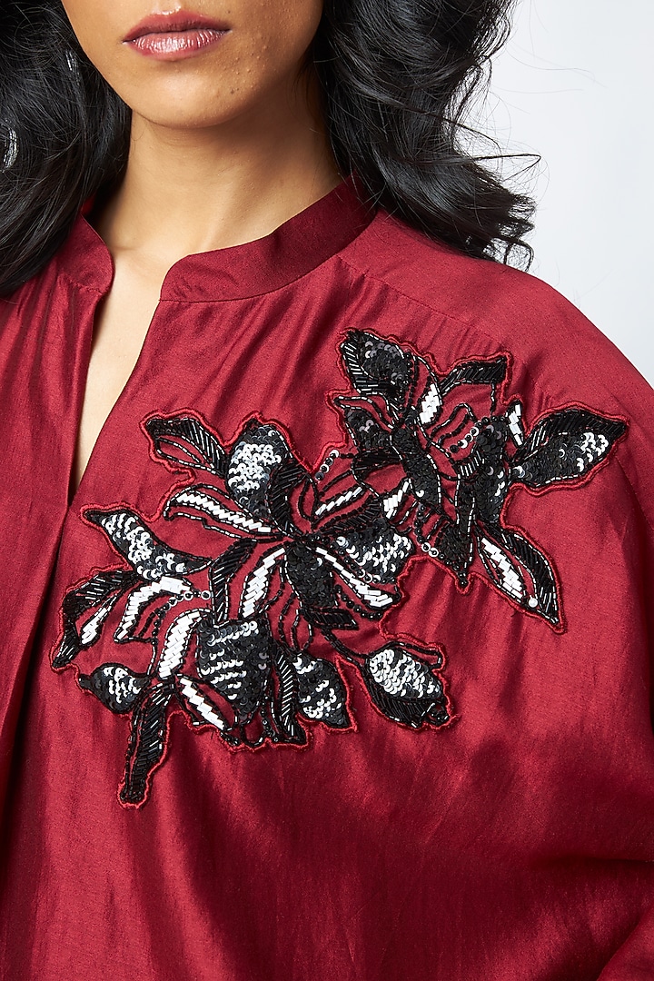 Burgundy Handloom Chanderi Silk Embroidered Vacation Dress by MADDER MUCH at Pernia's Pop Up Shop