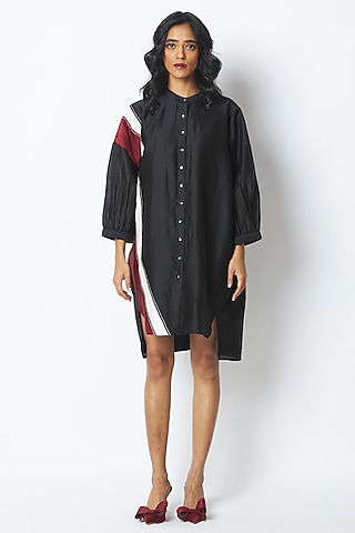 Black Handloom Chanderi Silk Embroidered Dress by MADDER MUCH