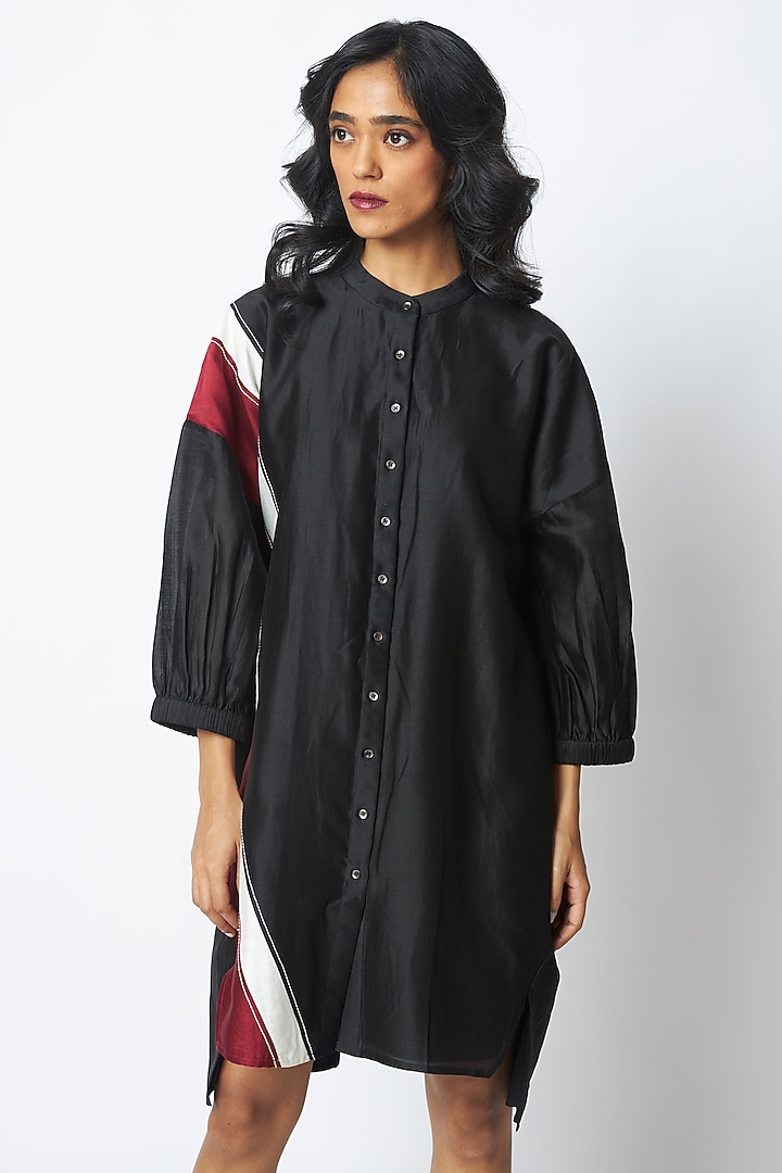 Black Handloom Chanderi Silk Embroidered Vacation Dress by MADDER MUCH at Pernia's Pop Up Shop