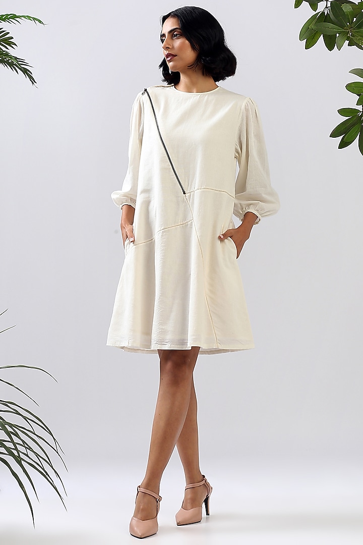 Pearl White Cotton Zipper Dress by MADDER MUCH