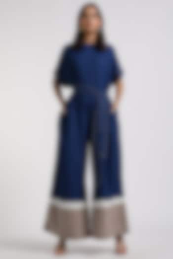 Deep Blue Cotton Jumpsuit With Belt by MADDER MUCH