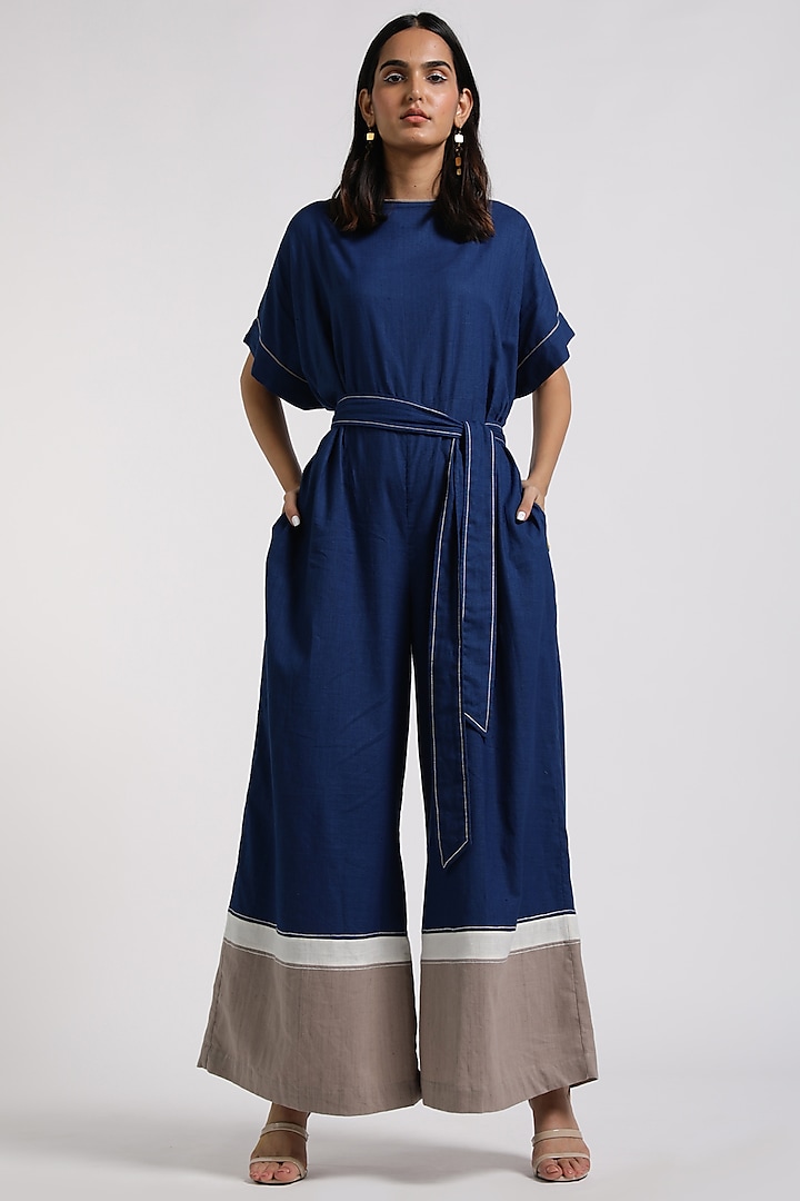 Deep Blue Cotton Jumpsuit With Belt by MADDER MUCH