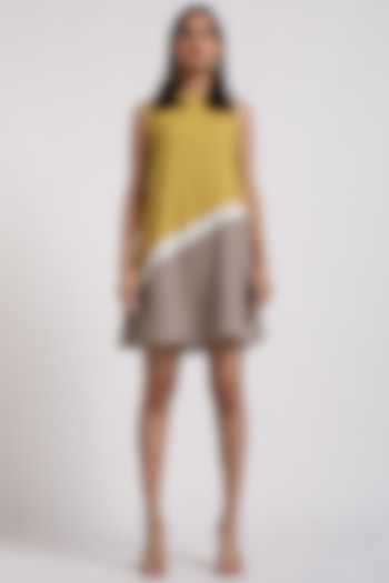 Yellow & Beige Cotton Mini Dress by MADDER MUCH