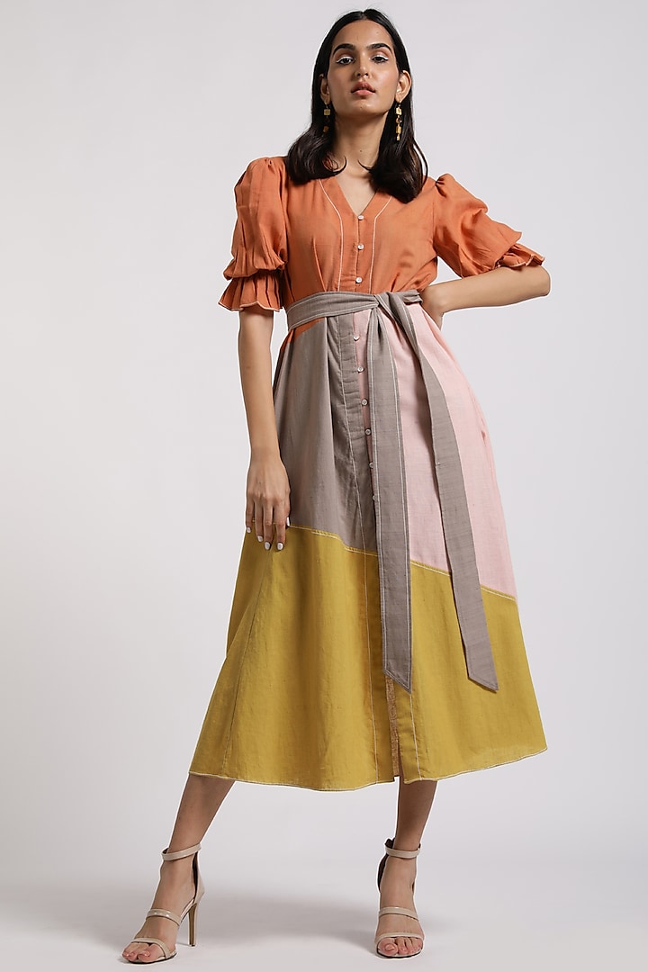 Multi-Colored Cotton A-Line Midi Dress by MADDER MUCH