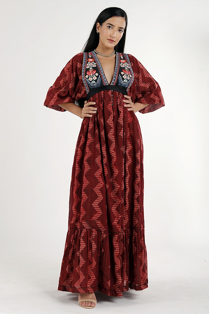 Madder Red Embroidered Maxi Dress by MADDER MUCH