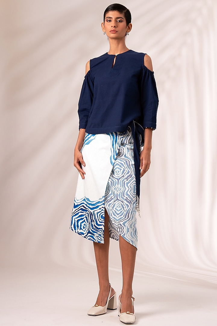 Indigo Cotton Printed Wrap Skirt Set by MADDER MUCH at Pernia's Pop Up Shop