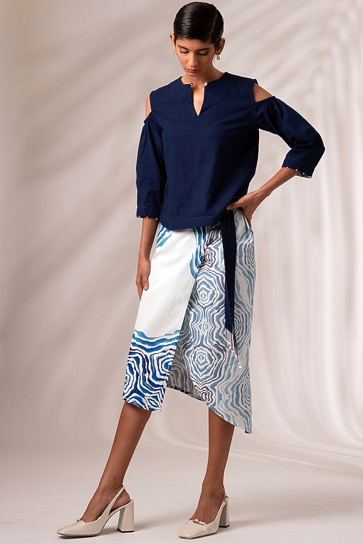 Indigo Cotton Printed Wrap Skirt Set by MADDER MUCH at Pernia's Pop Up Shop