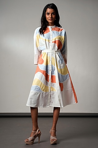 Multi-Colored Handloom Cotton Midi Dress With Belt by MADDER MUCH