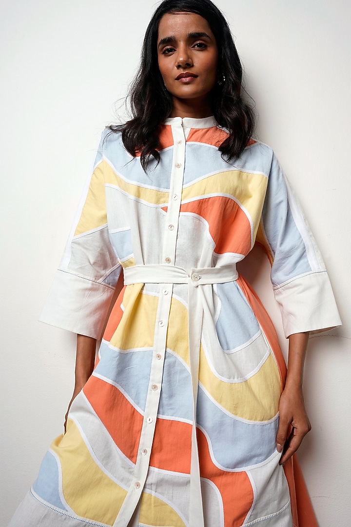 Multi-Colored Handloom Cotton Midi Summer Dress With Belt by MADDER MUCH at Pernia's Pop Up Shop