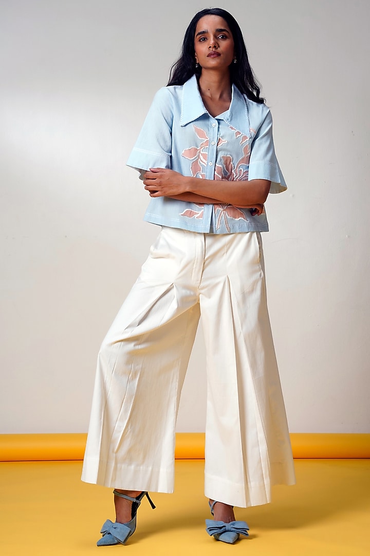 White Handloom Cotton Wide-Leg Pant Set by MADDER MUCH at Pernia's Pop Up Shop