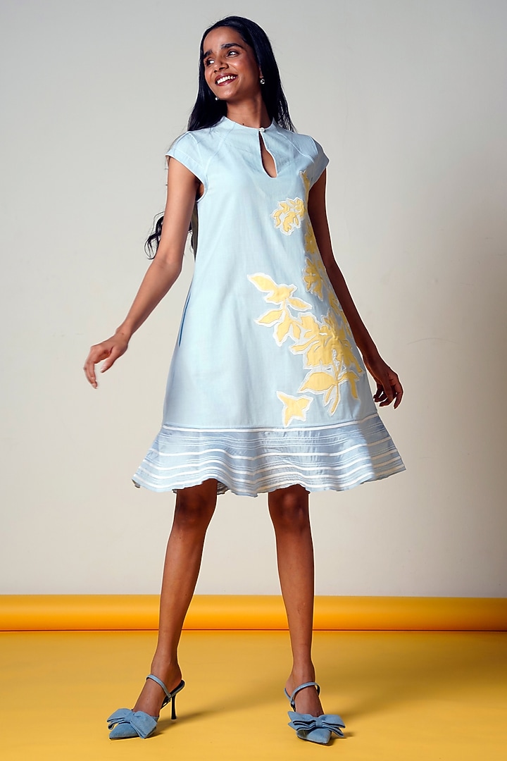Ice Blue Handloom Cotton Mini Summer Dress by MADDER MUCH at Pernia's Pop Up Shop
