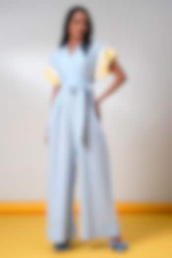 Ice Blue Handloom Cotton Jumpsuit With Belt by MADDER MUCH at Pernia's Pop Up Shop
