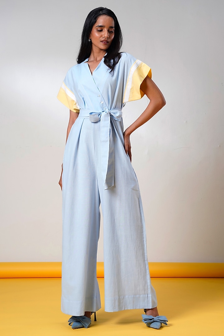 Ice Blue Handloom Cotton Jumpsuit With Belt by MADDER MUCH at Pernia's Pop Up Shop