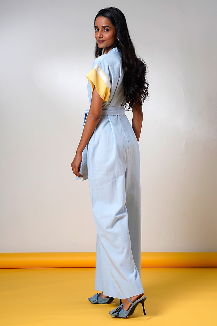 Ice Blue Handloom Cotton Jumpsuit With Belt by MADDER MUCH at Pernia's Pop Up Shop