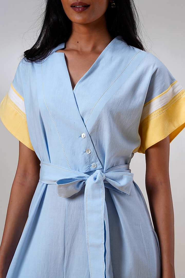 Ice Blue Handloom Cotton Jumpsuit With Belt by MADDER MUCH at Pernia's Pop Up Shop