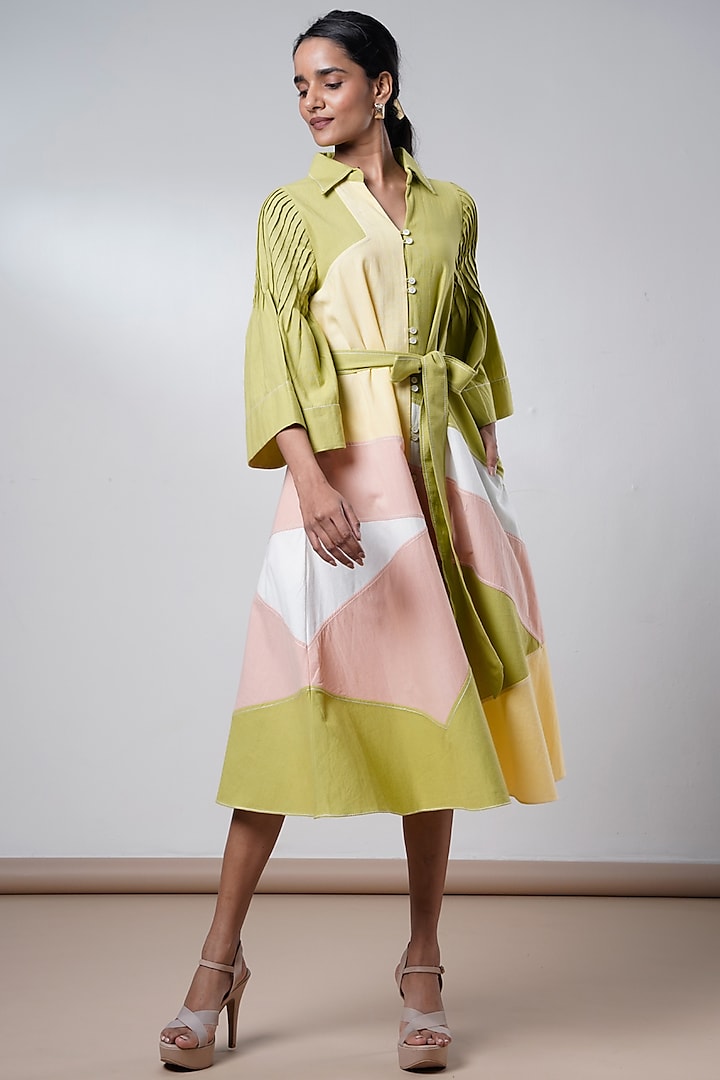 Multi-Colored Handloom Cotton Midi Vacation Dress With Belt by MADDER MUCH at Pernia's Pop Up Shop