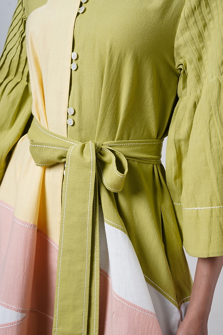 Multi-Colored Handloom Cotton Midi Vacation Dress With Belt by MADDER MUCH at Pernia's Pop Up Shop