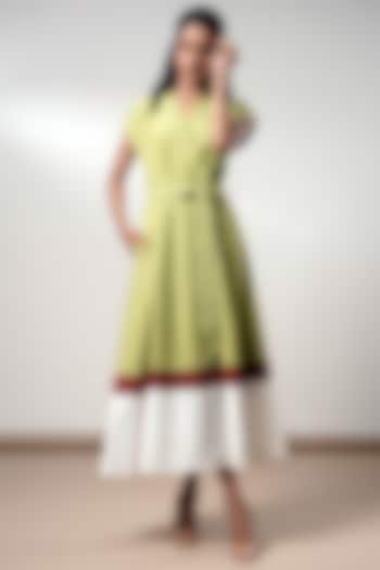 Olive Green Handloom Cotton Midi Summer Dress With Belt by MADDER MUCH at Pernia's Pop Up Shop
