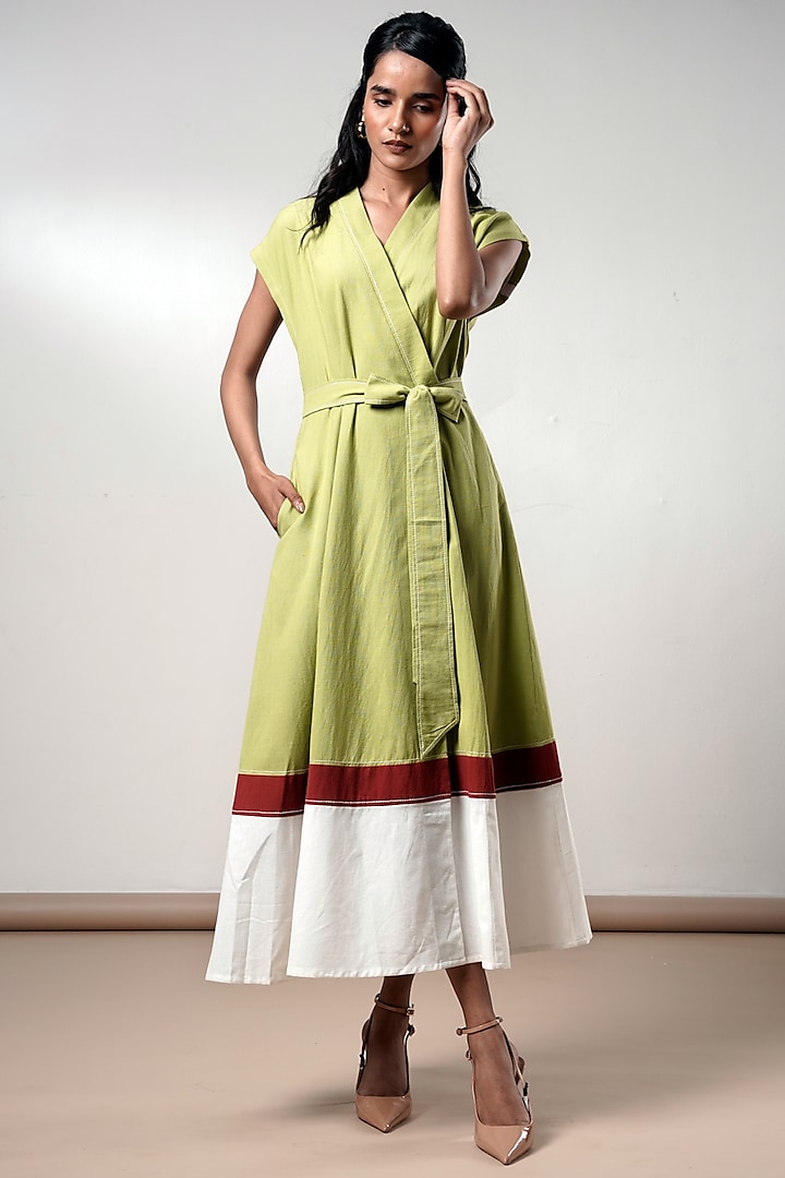 Olive Green Handloom Cotton Midi Summer Dress With Belt by MADDER MUCH at Pernia's Pop Up Shop