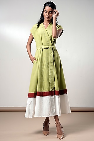 Olive Green Handloom Cotton Midi Dress With Belt by MADDER MUCH