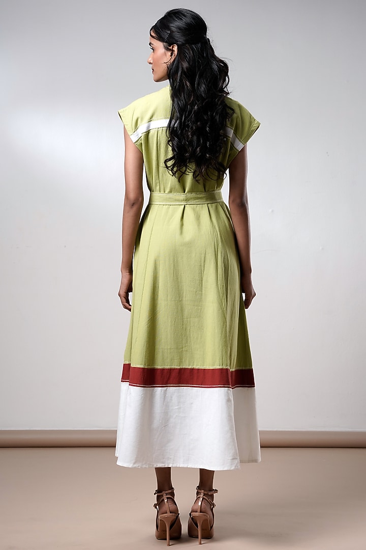 Olive Green Handloom Cotton Midi Summer Dress With Belt by MADDER MUCH at Pernia's Pop Up Shop