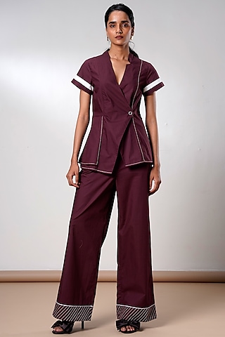 Brown Poplin Cotton Wrap Blazer Set by MADDER MUCH