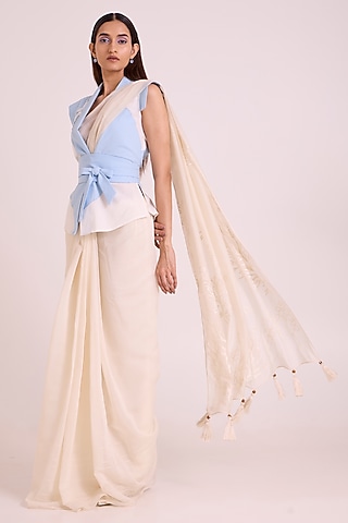 Ivory Handloom Chanderi Silk Saree by MADDER MUCH
