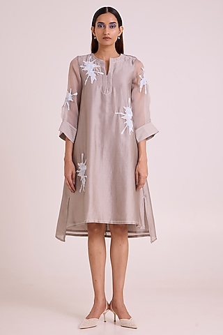Grey Handloom Chanderi Silk Dress by MADDER MUCH