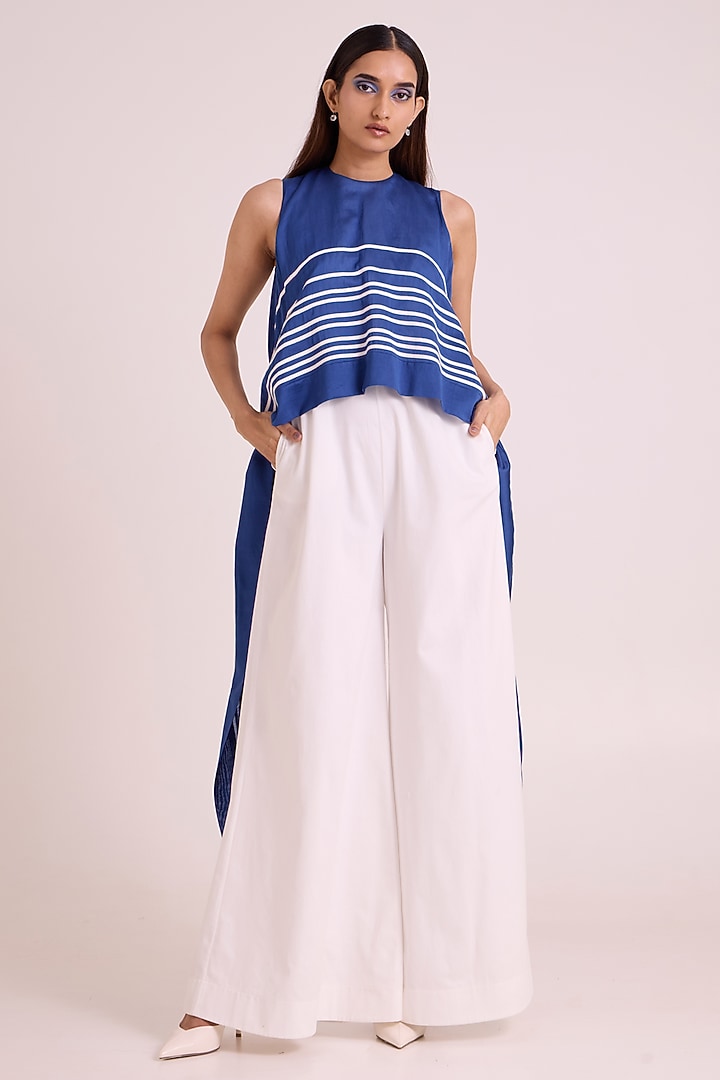 Ivory & Cobalt Blue Cotton Denim Jumpsuit by MADDER MUCH at Pernia's Pop Up Shop