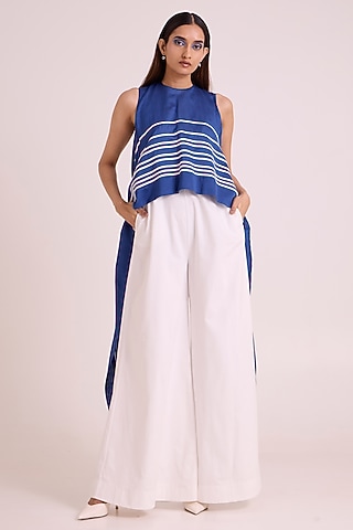Ivory & Cobalt Blue Cotton Denim Jumpsuit by MADDER MUCH