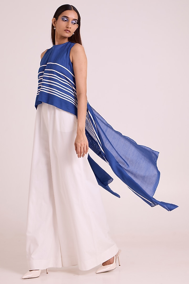 Ivory & Cobalt Blue Cotton Denim Jumpsuit by MADDER MUCH at Pernia's Pop Up Shop