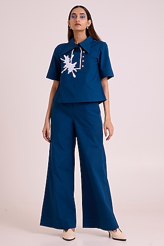 Indigo Poplin Cotton Sequins Hand Embroidered Co-Ord Set by MADDER MUCH