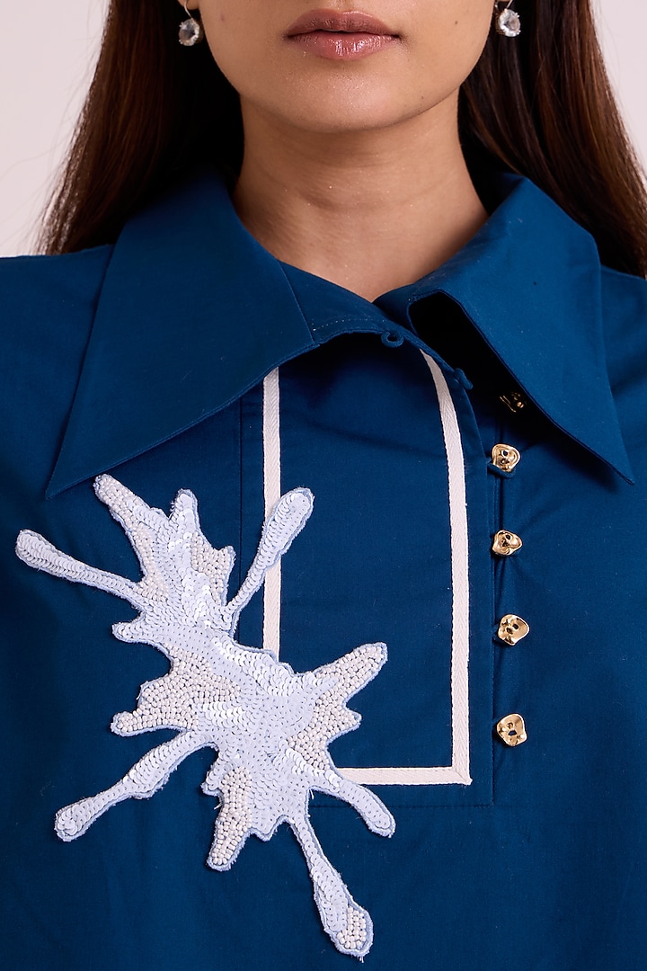 Indigo Poplin Cotton Sequins Hand Embroidered Co-Ord Set by MADDER MUCH at Pernia's Pop Up Shop