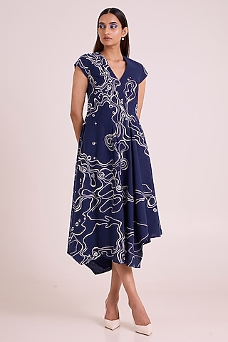 Indigo Poplin Cotton Printed Dress by MADDER MUCH