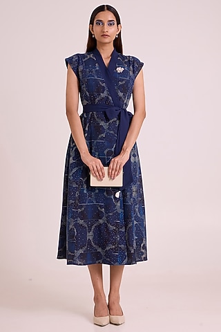 Indigo Pure Linen Printed Wrap Dress by MADDER MUCH