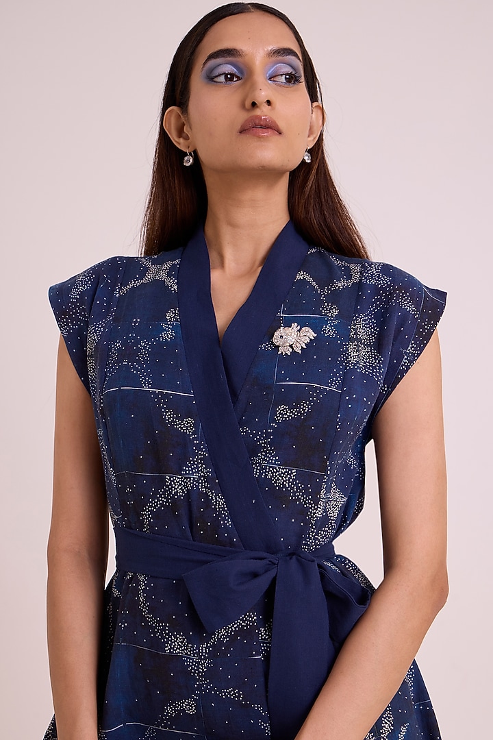 Indigo Pure Linen Printed Wrap Vacation Dress by MADDER MUCH at Pernia's Pop Up Shop