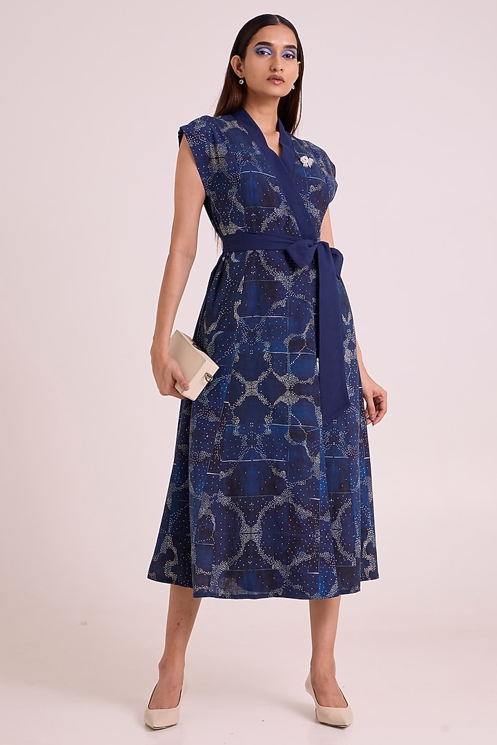 Indigo Pure Linen Printed Wrap Vacation Dress by MADDER MUCH at Pernia's Pop Up Shop