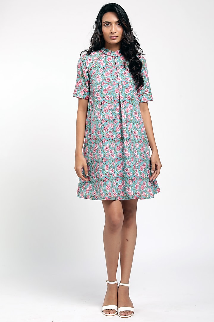 Aqua Blue Printed Mini Dress Design by MADDER MUCH at Pernia's Pop Up ...