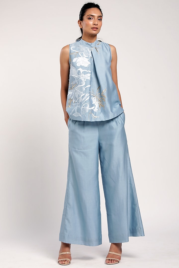 Sea Blue Chanderi Pant Set by MADDER MUCH