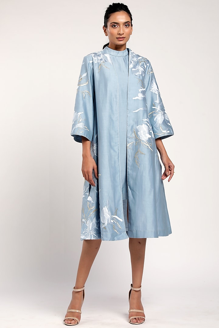 Sea Blue Embroidered Jacket Dress by MADDER MUCH