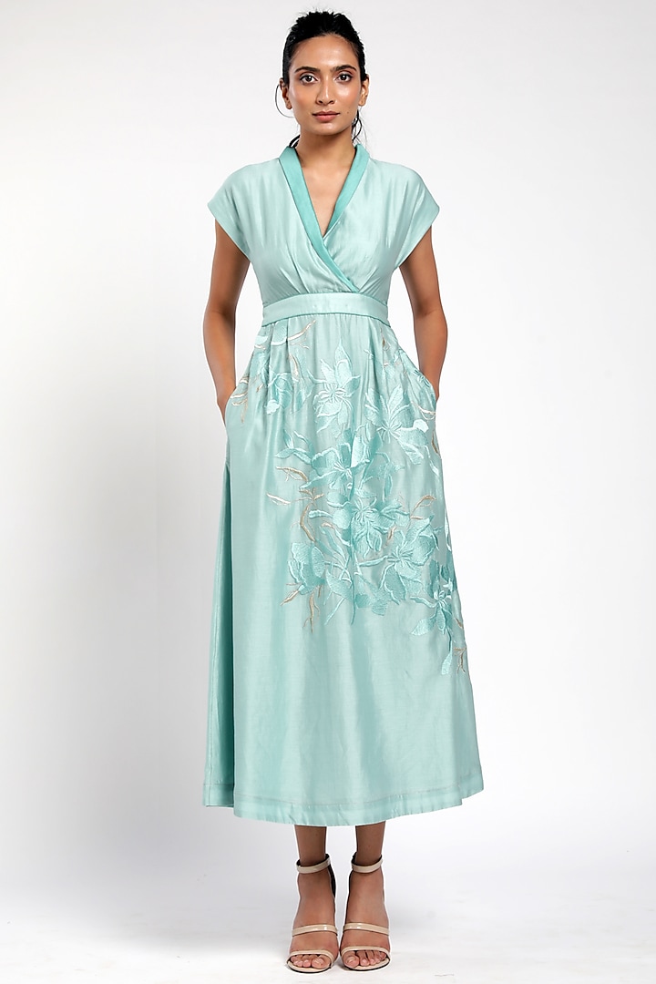 Teal Blue Embroidered Kimono Dress by MADDER MUCH