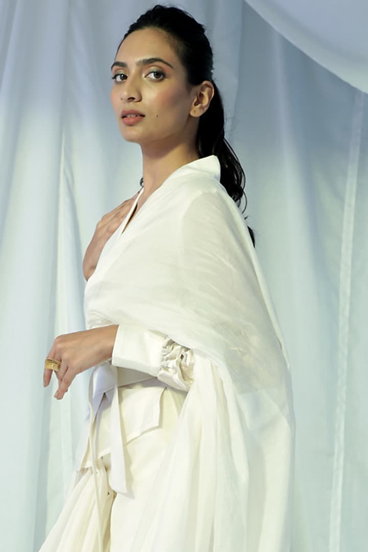 Vanilla Embroidered Party Wear Saree by MADDER MUCH at Pernia's Pop Up Shop