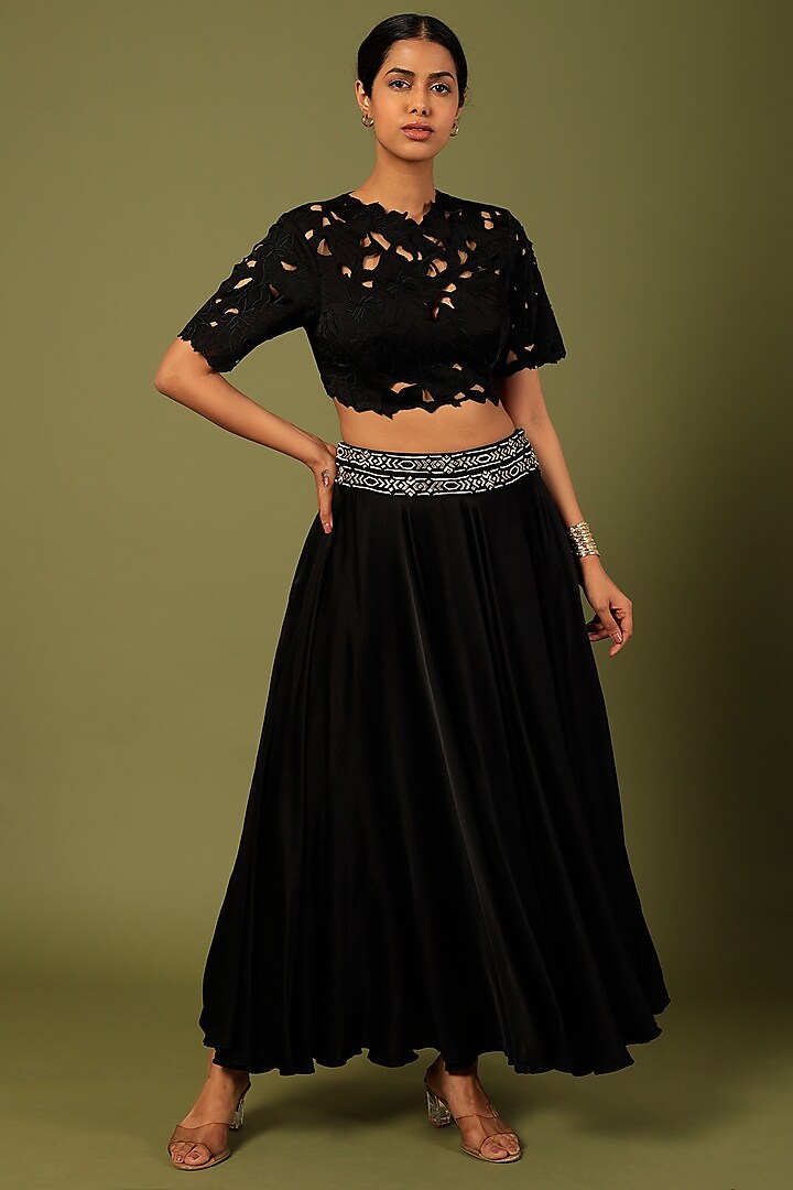Black Embroidered Skirt Set by MADDER MUCH