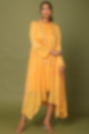 Yellow Embroidered Cape Dress by MADDER MUCH