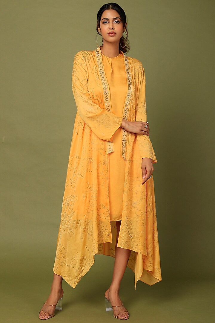 Yellow Embroidered Cape Dress by MADDER MUCH