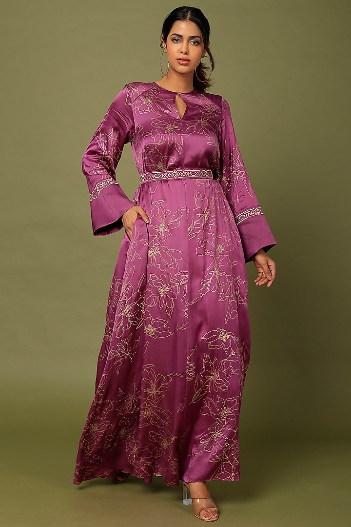 Purple Embroidered Kaftan With Belt by MADDER MUCH